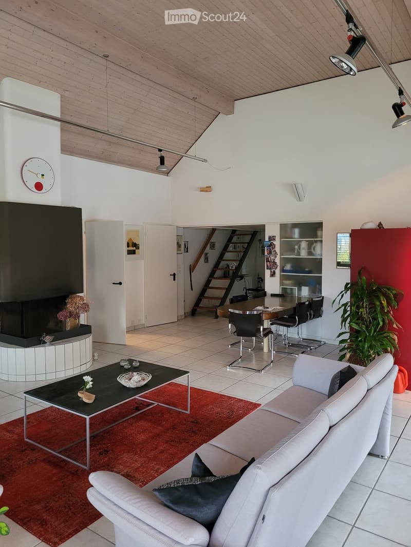 Modern living room with white walls, wooden ceiling, grey sofa, black coffee table, fireplace, dining area with chairs and table, and decorative plant.