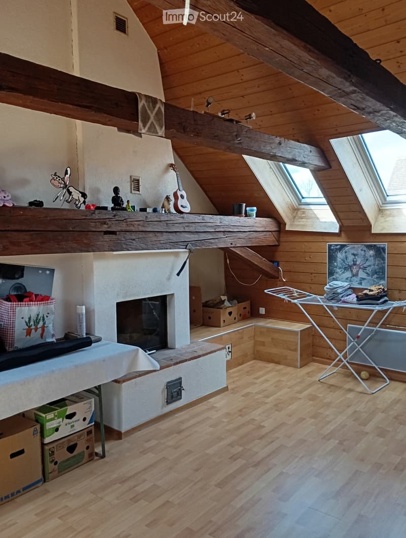 wooden beams, fireplace, wooden floor, wooden wall, storage boxes, table, ironing board, guitar