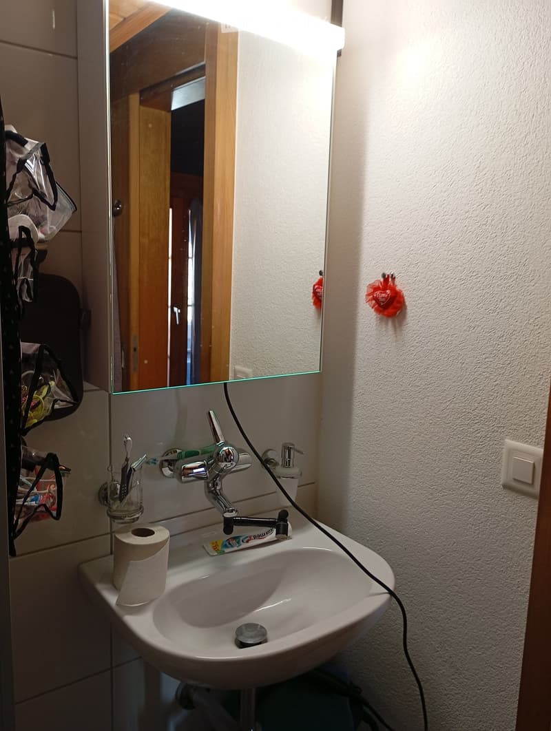 Bathroom with sink, mirror, and toiletries