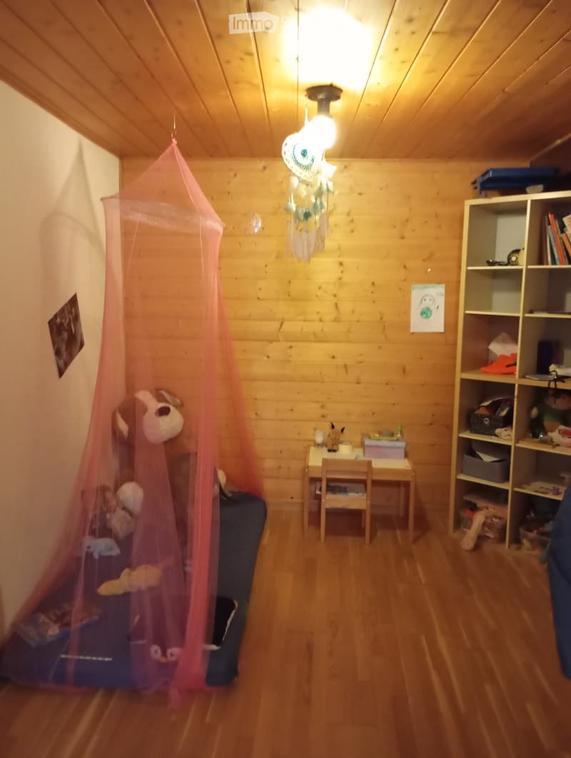 Wooden walls, wooden floor, pink canopy, desk, chair, shelf, toys