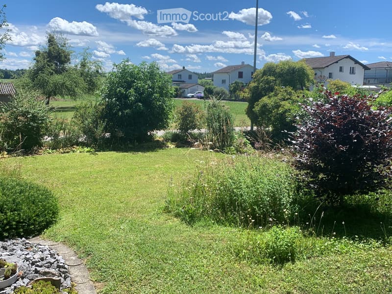 A well-maintained garden with a grassy lawn, various shrubs, and trees, leading to a pathway. In the background, there are houses and parked cars visible.