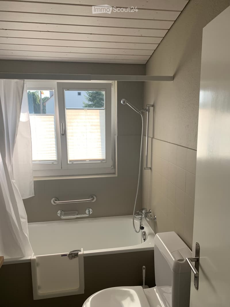 Bathroom with a bathtub, toilet, showerhead, handrails, and a window with a curtain.