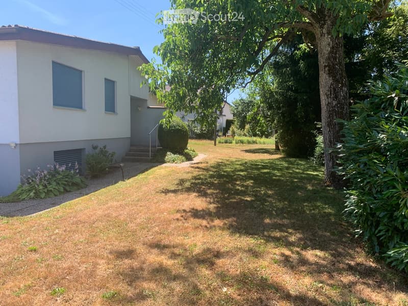 A well-maintained garden area with a lawn, trees, shrubs, and a pathway leading to a house entrance. The house has a modern design with white walls and blue shutters.