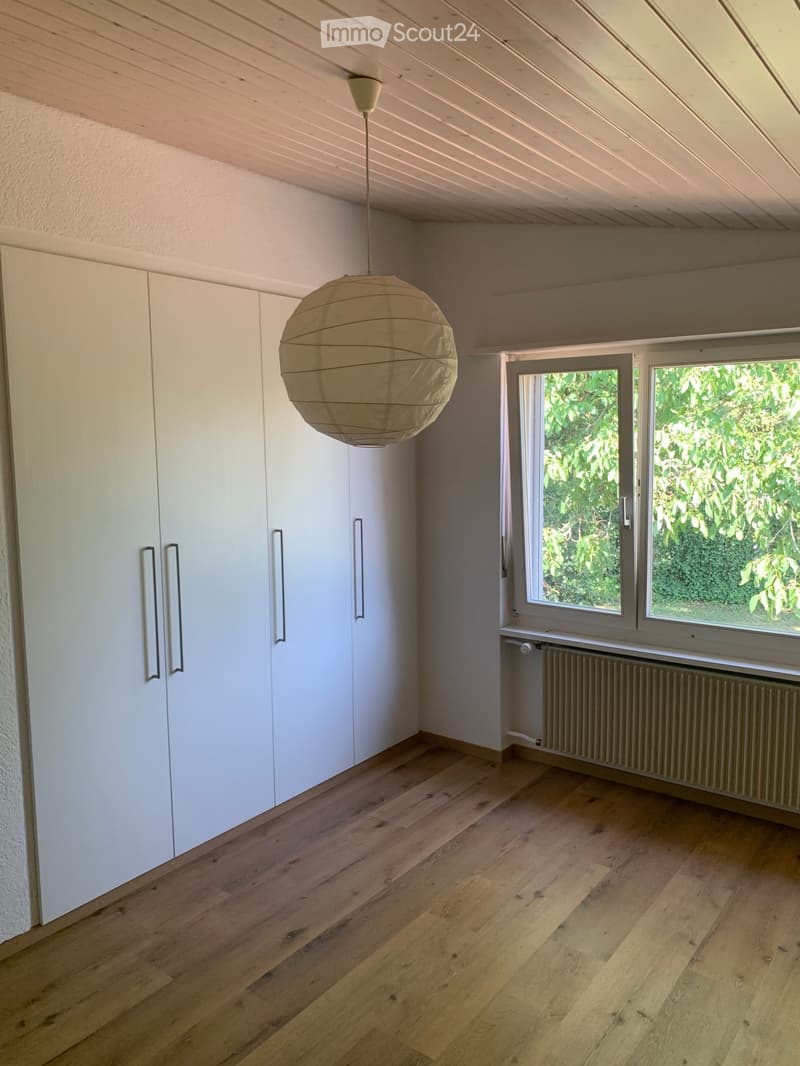 Empty room with wooden flooring, white walls, built-in white wardrobes, large windows with a view of greenery, and a hanging paper lantern light fixture.