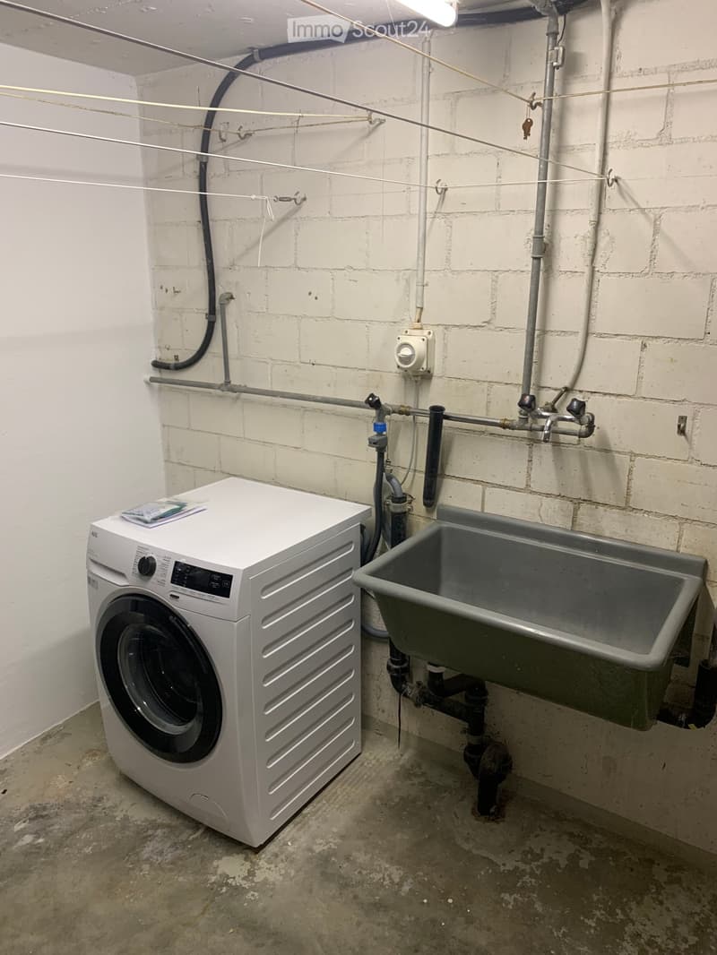 Utility room with a washing machine, sink, exposed brick walls, and visible pipes.
