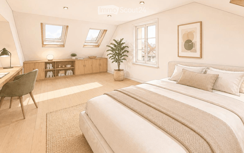 Bright, modern bedroom with a large bed, nightstand, desk, chair, bookshelf, lamp, potted plant, and picture frame on the wall. The room features wooden flooring and large windows with skylights.