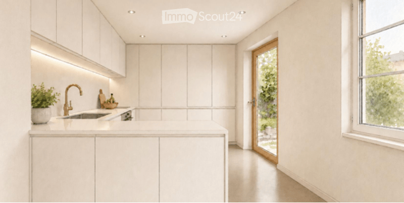 Modern, minimalist kitchen with white cabinetry, a central island, and a sleek sink with a gold faucet. A potted plant adds a touch of greenery, and the space is well-lit with recessed lighting.
