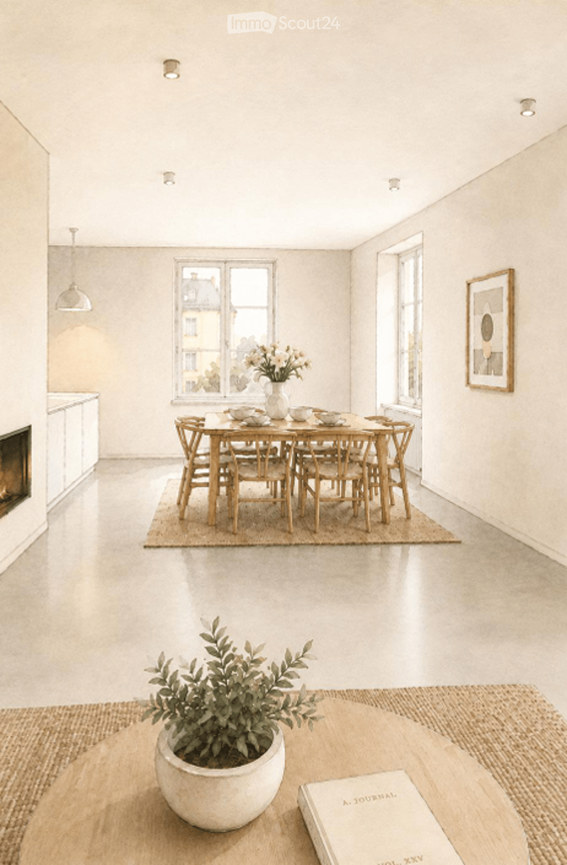 Open-plan dining and living area with a modern aesthetic. Features a dining table with six chairs, a fireplace, a potted plant on a coffee table, and a book on the floor.