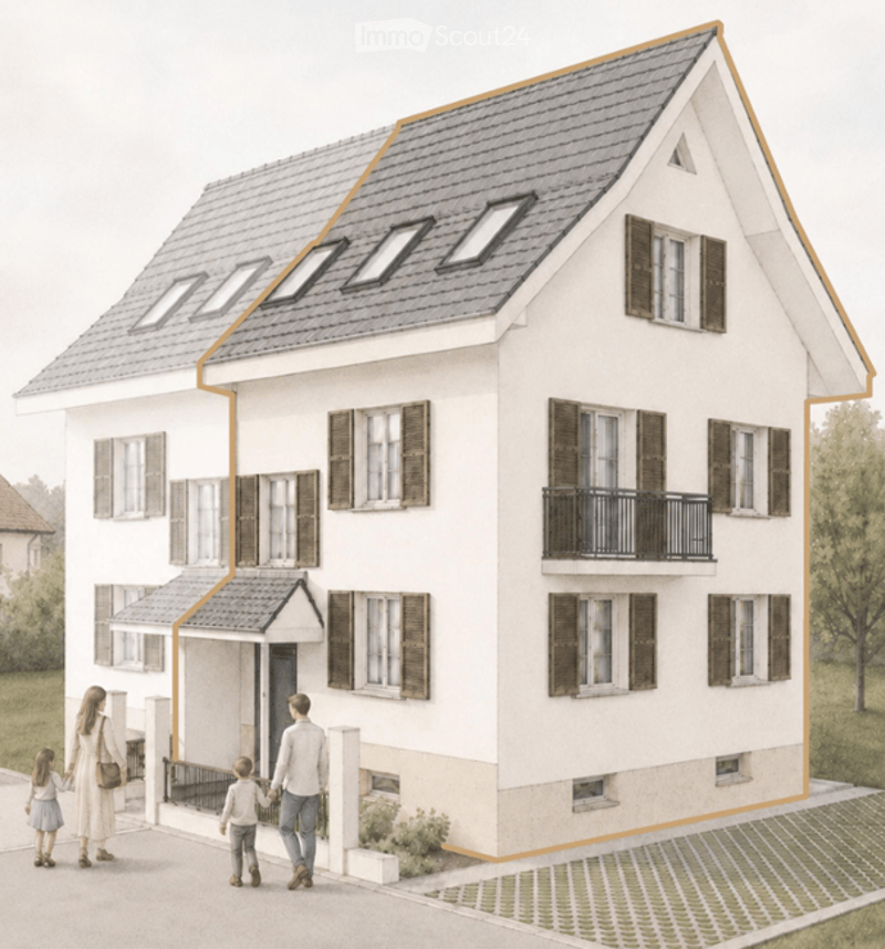 A two-story house with a gray roof, white walls, and multiple windows with brown shutters. A small balcony is visible on the second floor, and the house is surrounded by a paved pathway and greenery.