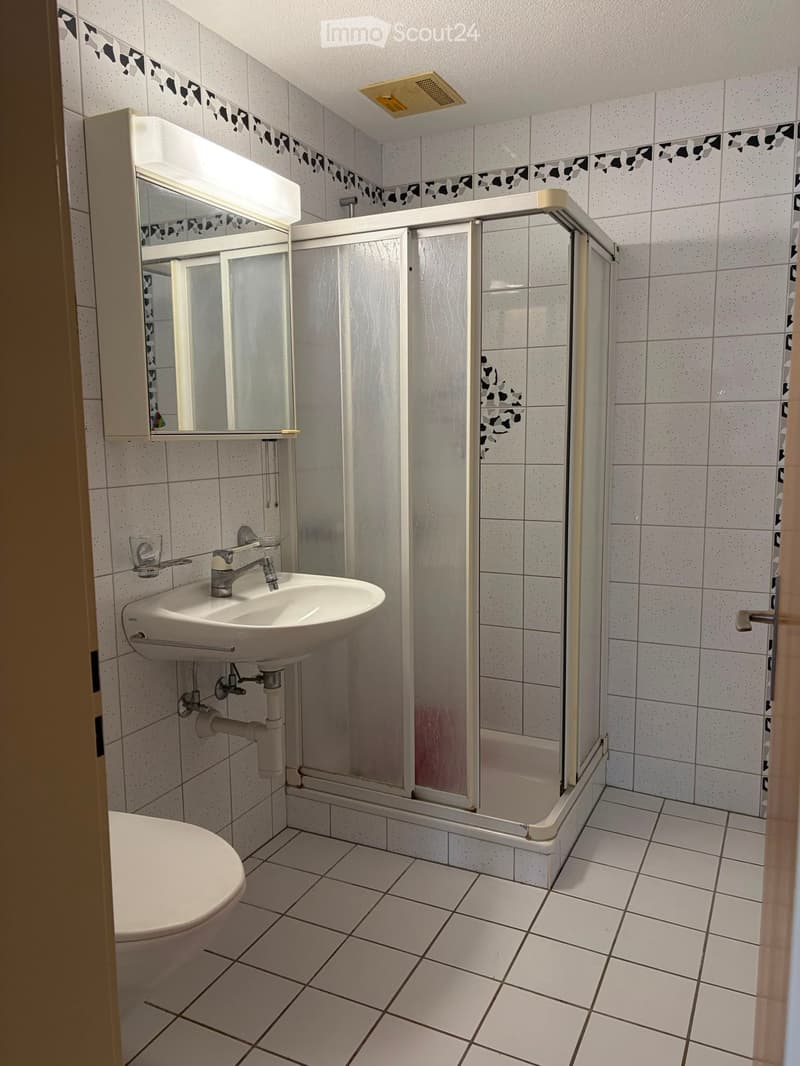 Modern bathroom with white tiled walls and floor, featuring a toilet, sink with faucet, mirror cabinet, and a glass-enclosed shower stall.