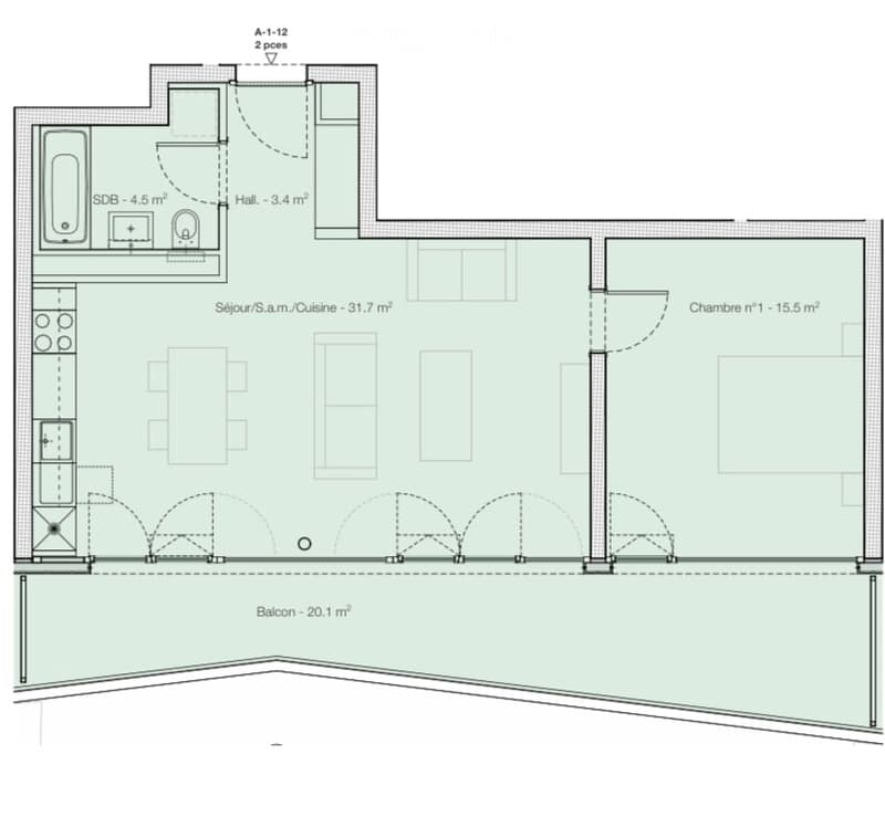 Floor plan showing a living/dining area, kitchen, bedroom, hallway, bathroom, and balcony.