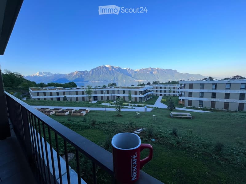 Balcony overlooking a grassy area with raised garden beds, benches, and distant mountains and lake.