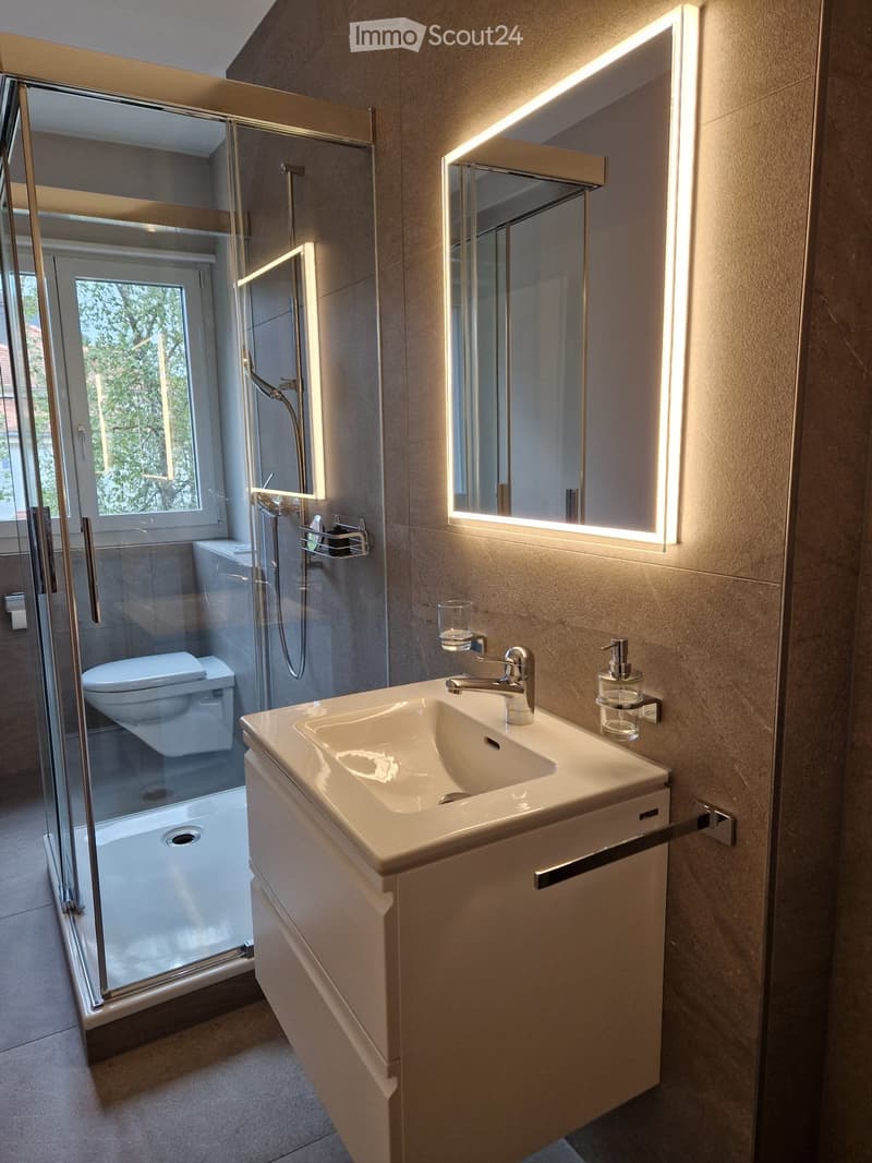 Modern bathroom with a white sink, chrome faucet, illuminated mirror, glass-enclosed shower, and toilet.