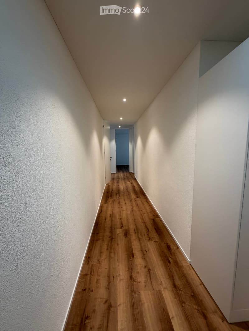 A narrow hallway with wooden flooring and white walls, featuring recessed lighting and a door at the end.
