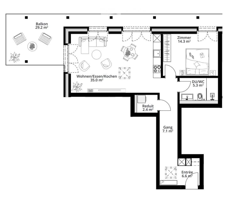 Floor plan of a 2-room apartment with a combined living/dining/kitchen area, a bedroom, a bathroom, a hallway, and a small storage room. Includes a balcony.