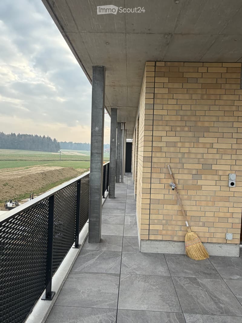 Modern balcony with concrete floor, metal railing, and a broom leaning against a brick wall. The background shows an open field and a cloudy sky.