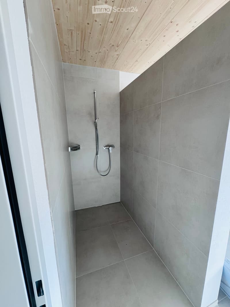 Bathroom with tile flooring, white walls, wooden ceiling, shower head, faucet.