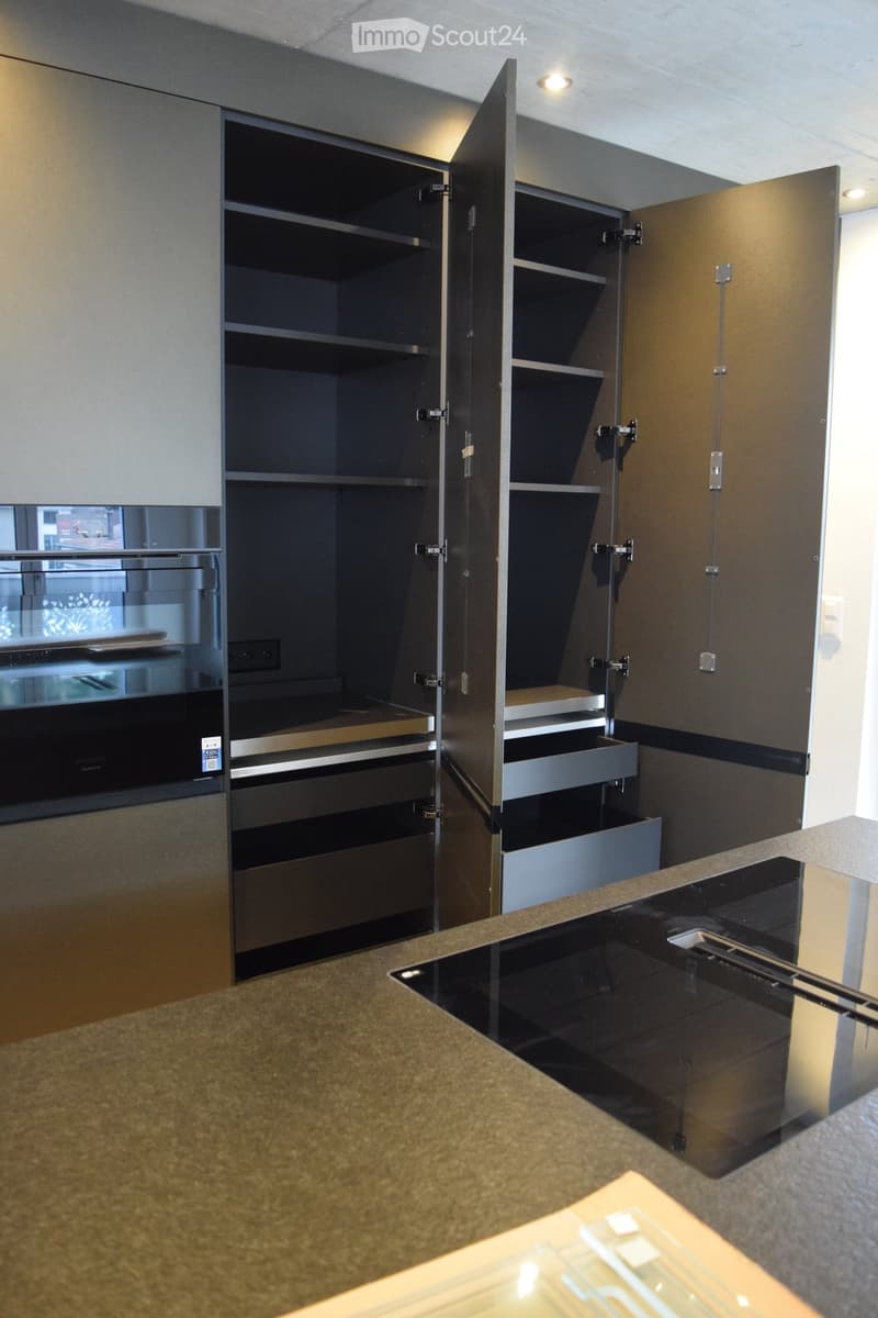 modern kitchen with stove and oven, large pantry with shelves and drawers, black countertop