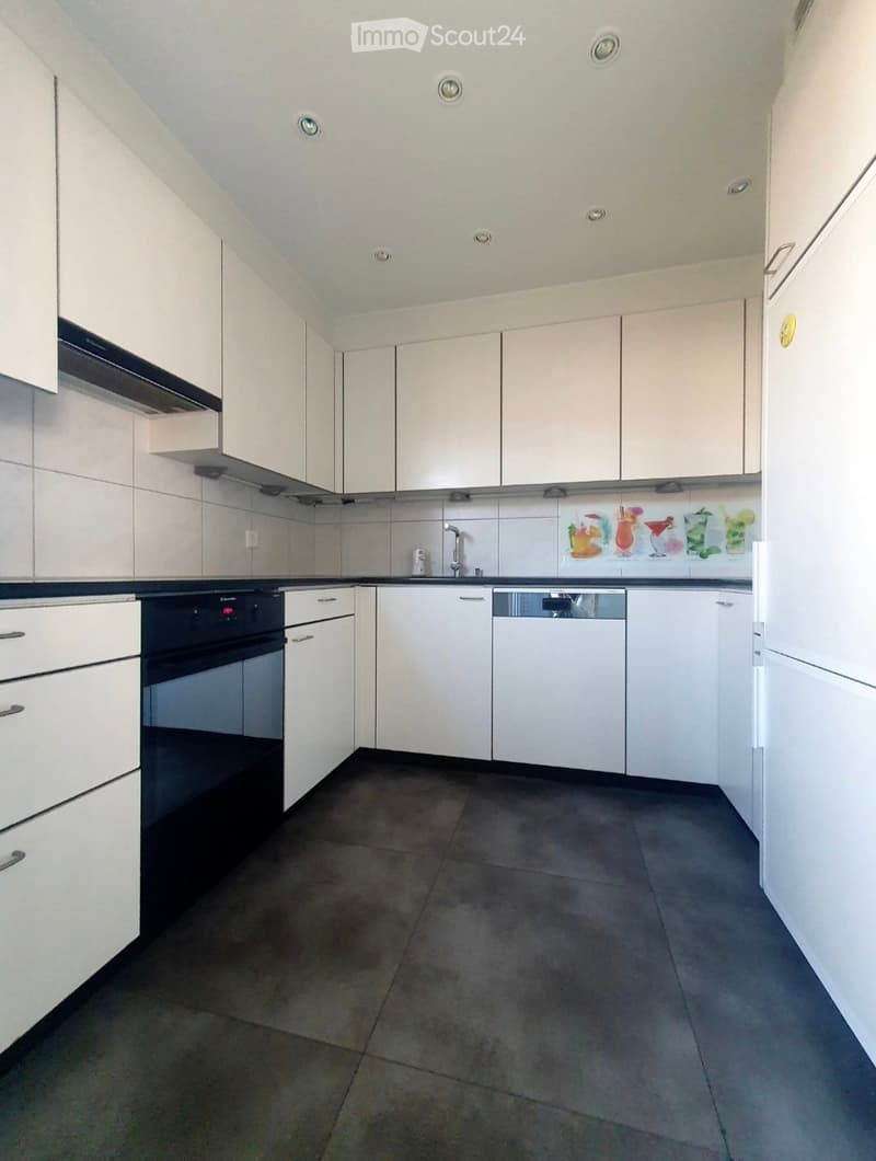 Modern kitchen with white cabinets, black countertops, and stainless steel appliances including an oven and dishwasher.