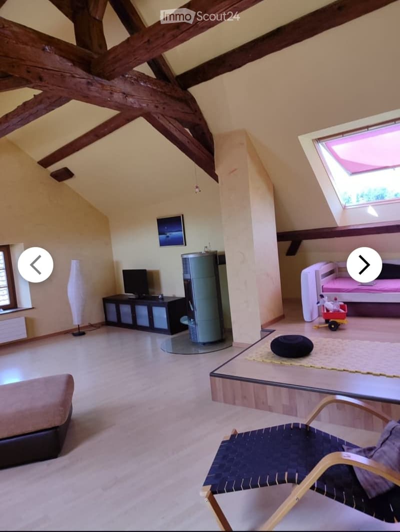 Loft-style room with exposed wooden beams, a sofa, a chair, a table, a TV screen, a cabinet, a stool, and a toy on the floor.