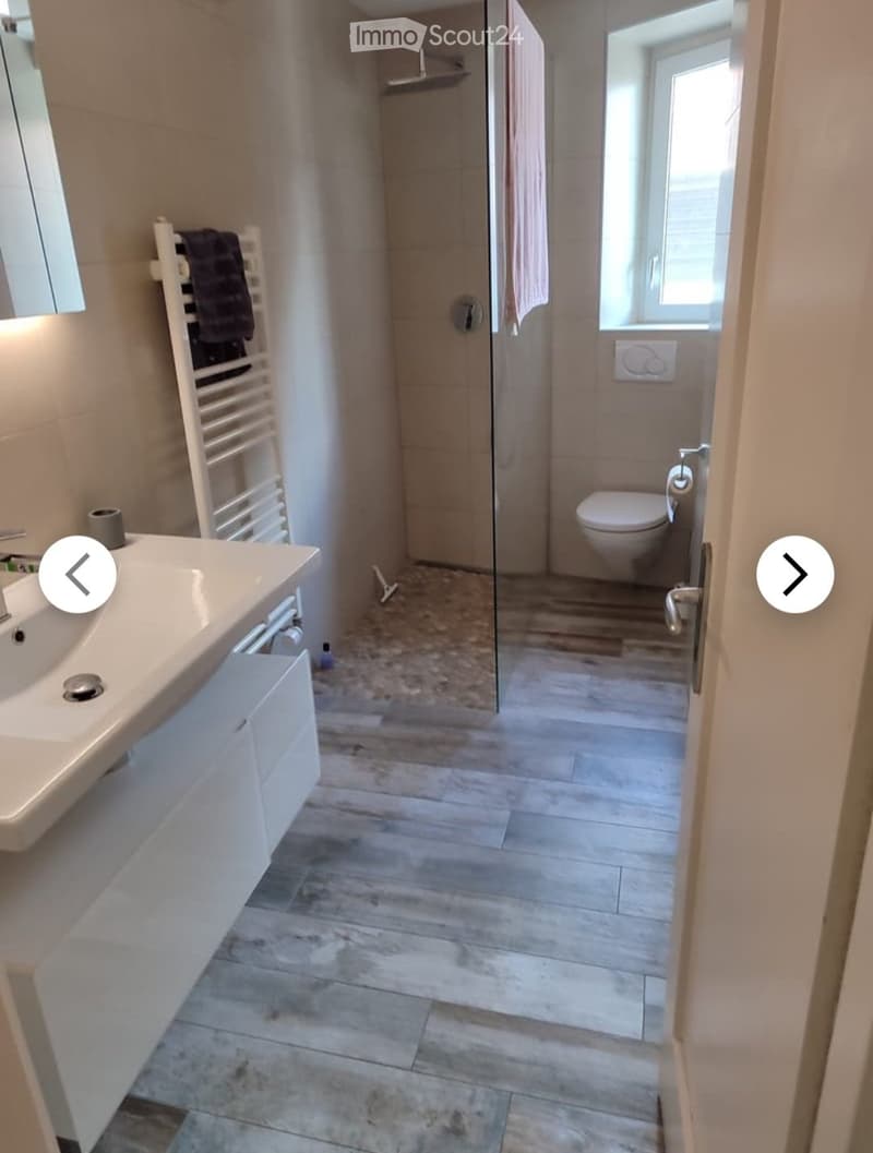 Modern bathroom with a white sink, toilet, glass-enclosed shower, and a towel rack. Light-colored tiles and wooden flooring.