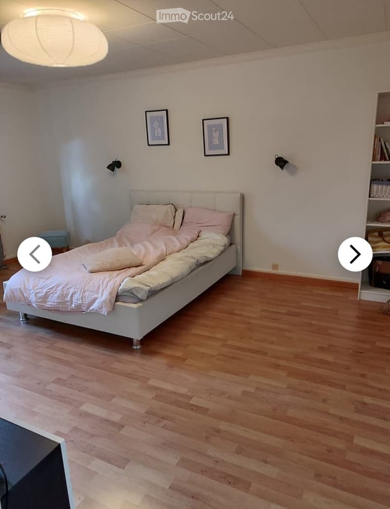 A modern bedroom with a white bed, light pink bedding, wooden flooring, and a built-in shelf unit with books and decorative items.