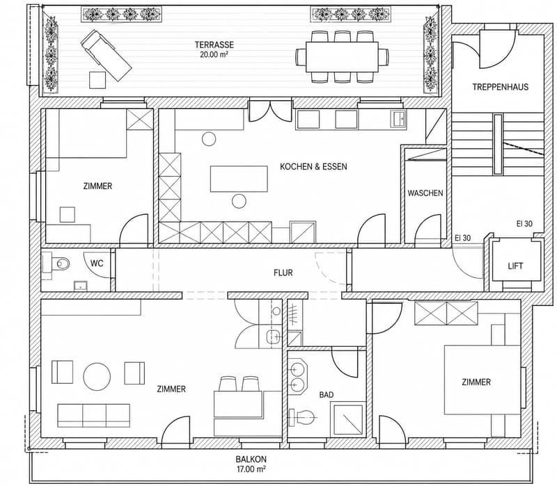 Floor plan showing a multi-level layout with a terrace, staircase house, kitchen & dining area, living room, bedrooms, bathroom, balcony, and elevator.
