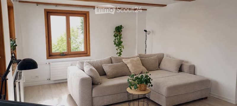 Modern living room with a grey sectional sofa, multiple throw pillows, a small round coffee table with a potted plant, and a table lamp near the window.