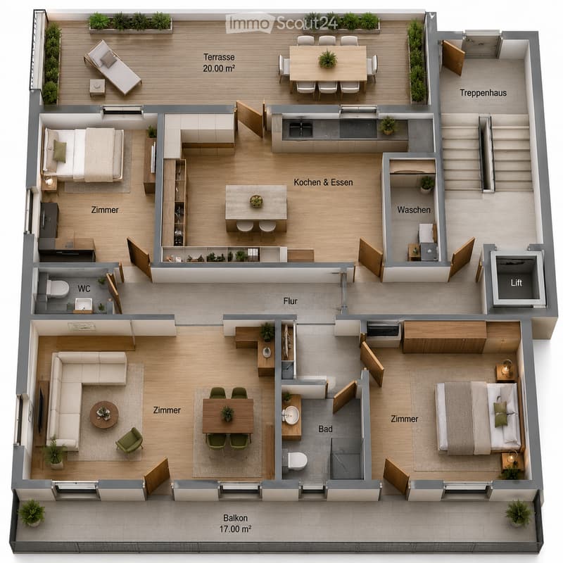 3D floor plan of a modern apartment with multiple rooms including living room, bedrooms, kitchen, bathrooms, and a terrace.