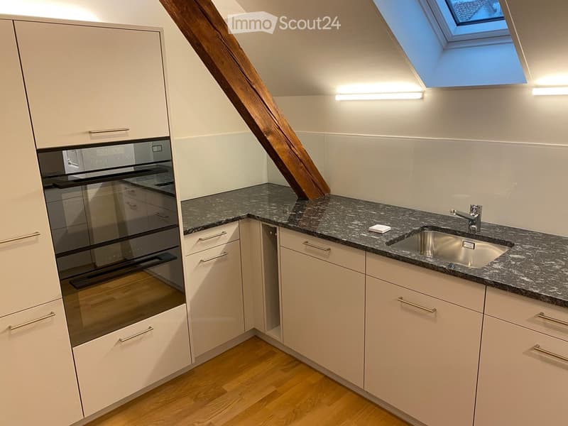 Modern kitchen with white cabinets, granite countertop, stainless steel sink, and built-in oven. Features a skylight and wooden flooring.