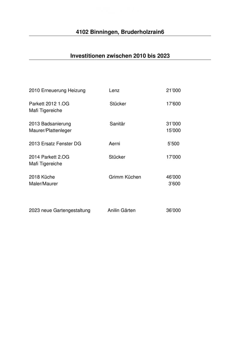 A document listing property investments from 2010 to 2023, including heating renewal, flooring, bathroom renovation, window replacement, kitchen installation, and garden redesign.