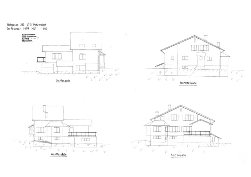 Architectural floor plan showing four elevations of a residential building, including east, north, west, and south facades.