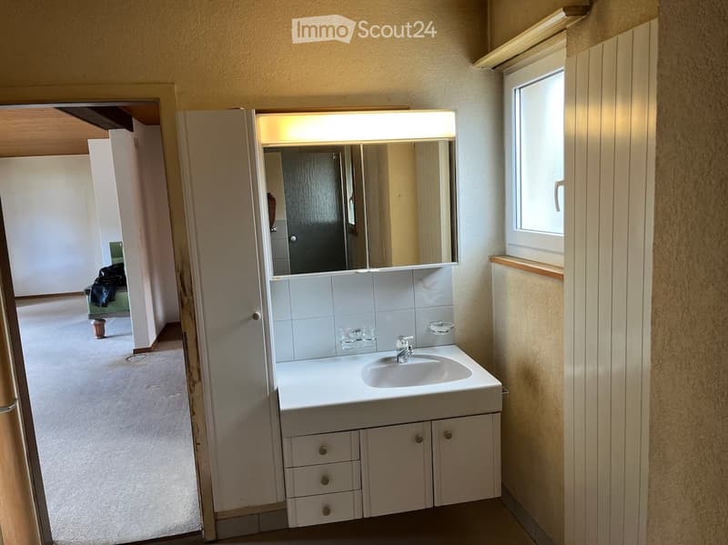 Bathroom with a white sink, mirror, and cabinet. The room has light-colored walls and a window on the right side.