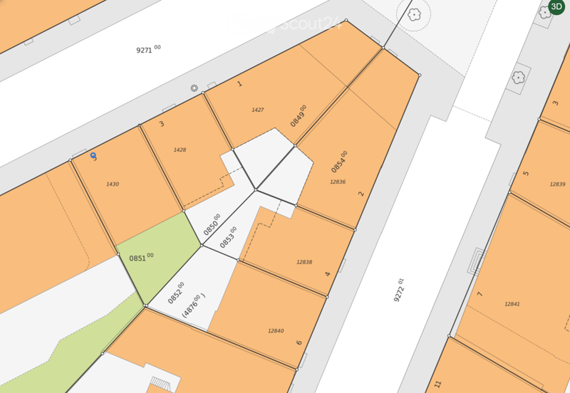 Floor plan showing multiple plots with labeled dimensions and plot numbers. Plots are outlined in orange, with one green plot in the lower left area.