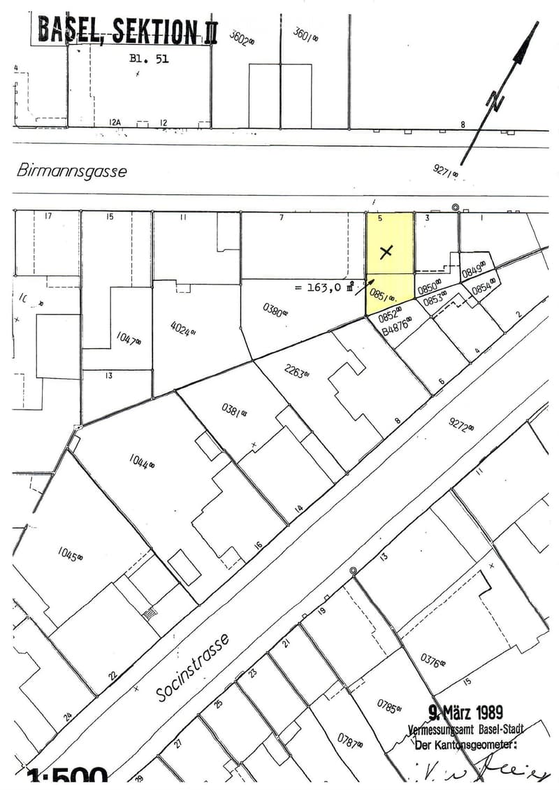 Floor plan of a section in Basel, showing numbered plots and measurements, with highlighted area labeled 'B1. 51'.