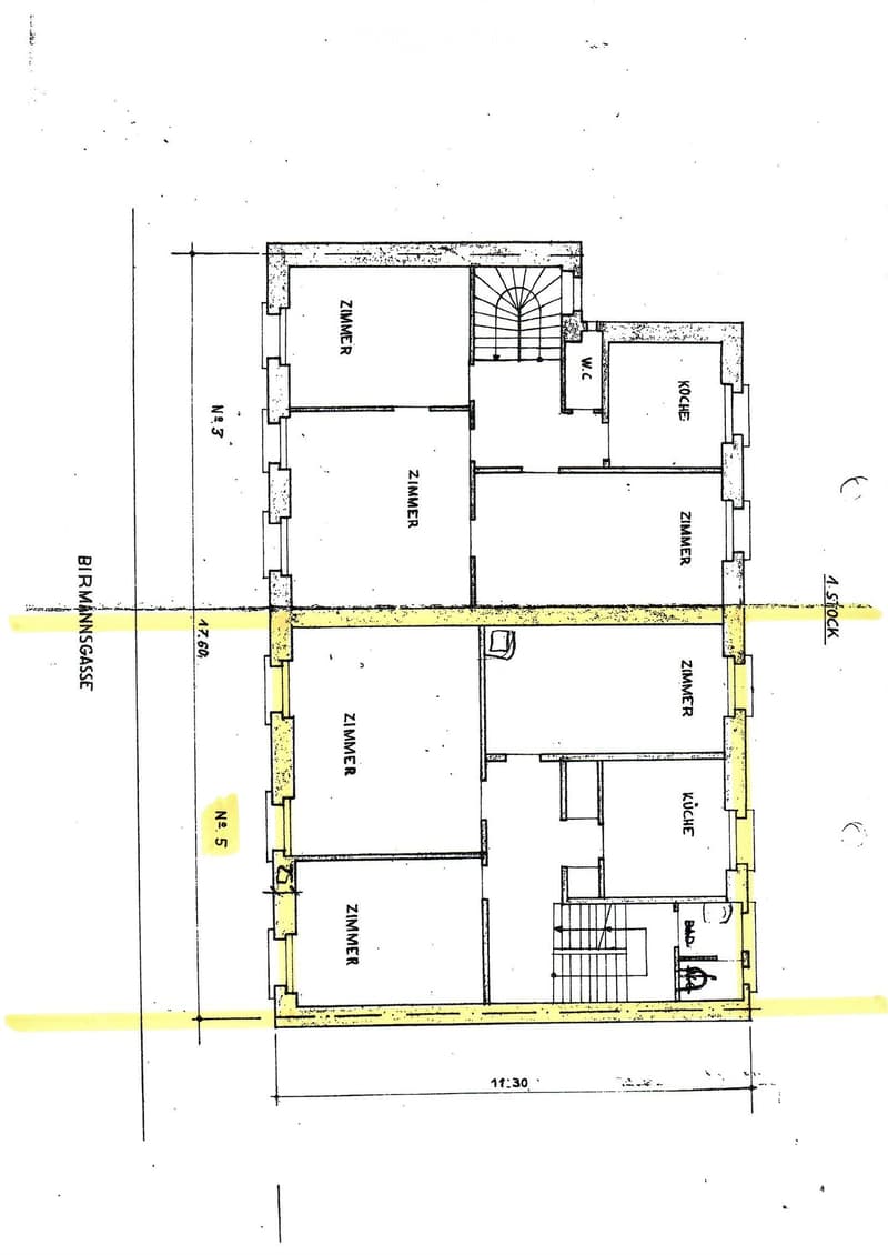 Floor plan of a 1st floor apartment with five rooms, including a kitchen, bathroom, and living space.
