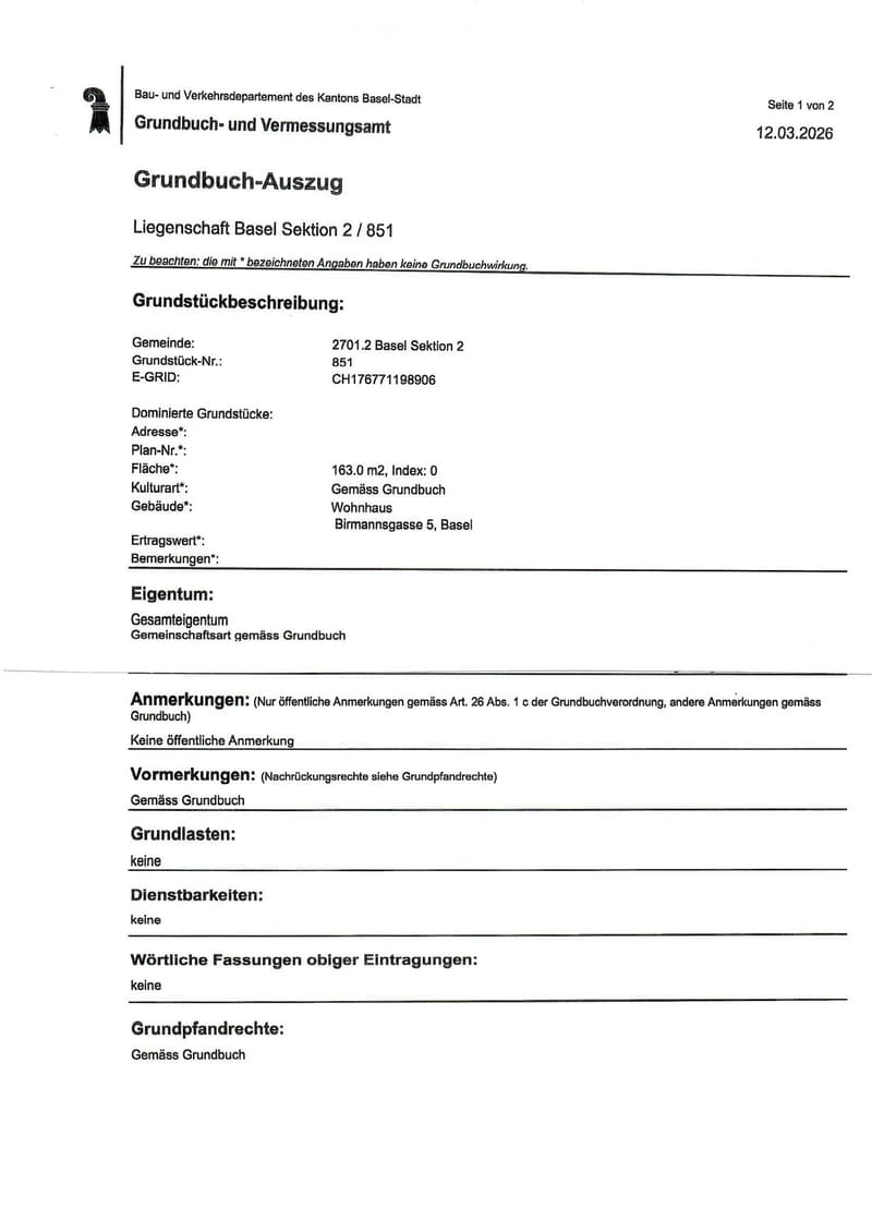 Official land register extract showing property details for a residential building in Basel, Switzerland. Includes property number, area, and ownership information.