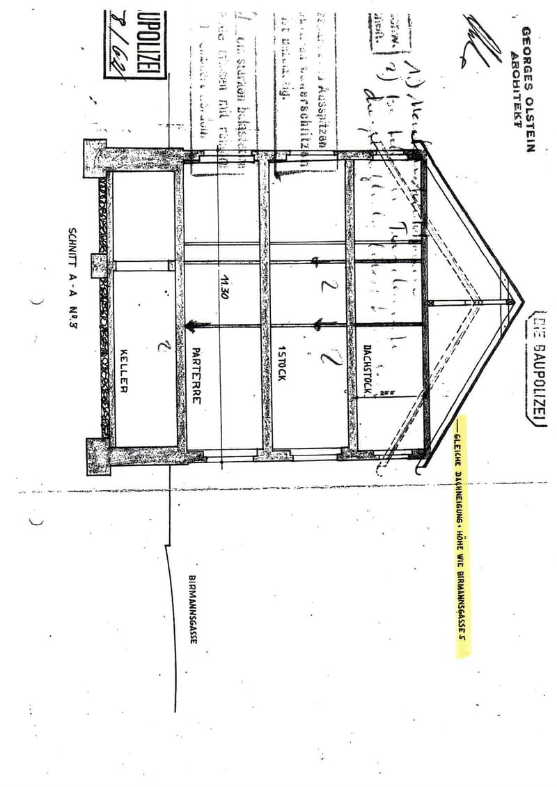 Floor plan showing a multi-level building with labeled sections including Keller (basement), Parterre (ground floor), 1st Stock (first floor), and Dachstock (attic).