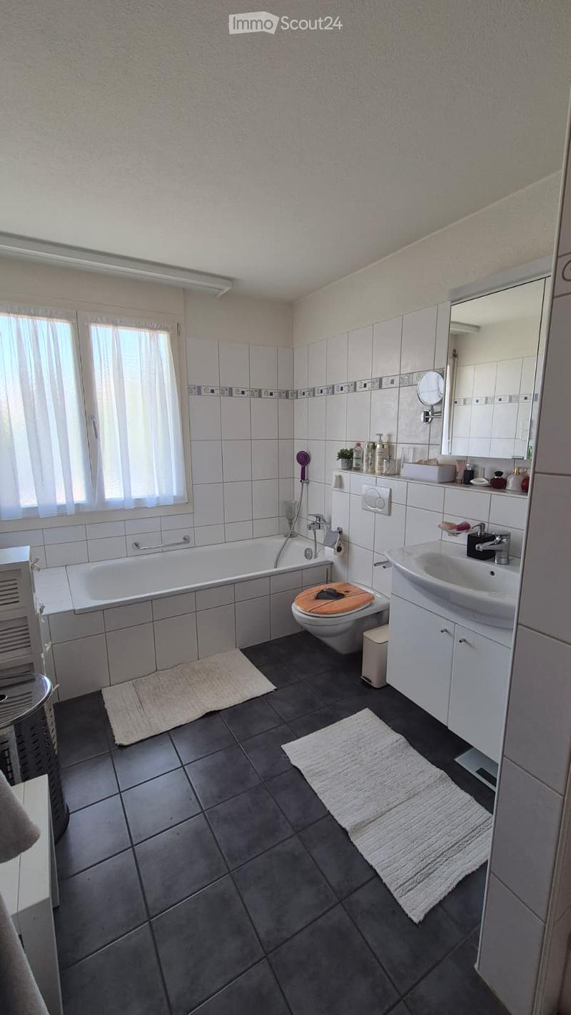 Modern bathroom with white tiles, dark grey floor tiles, bathtub, toilet, sink, mirror, and cabinet. Includes towels, a small plant, and a showerhead.