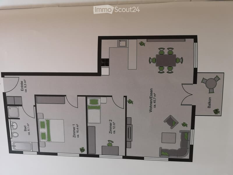 Floor plan of a 45.7 m² apartment with living/dining area, two bedrooms, bathroom, and balcony.