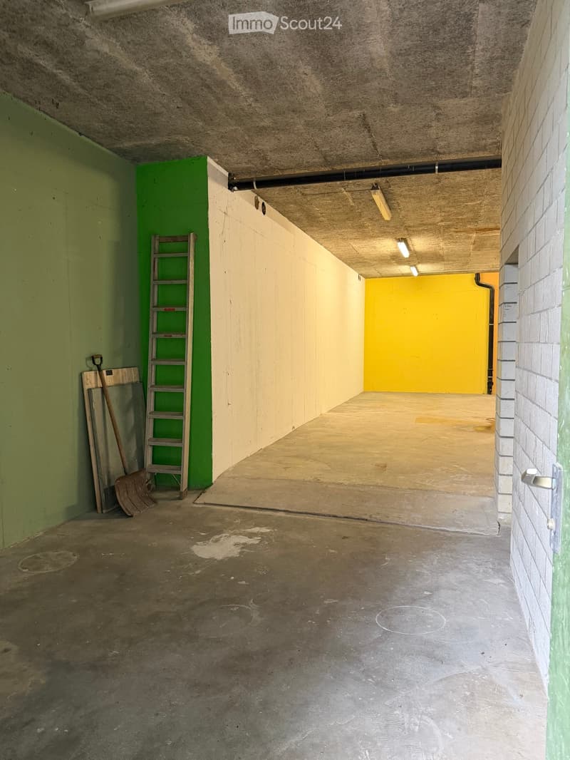 Empty underground corridor with concrete floor, green and yellow painted walls, and a ladder leaning against the wall.