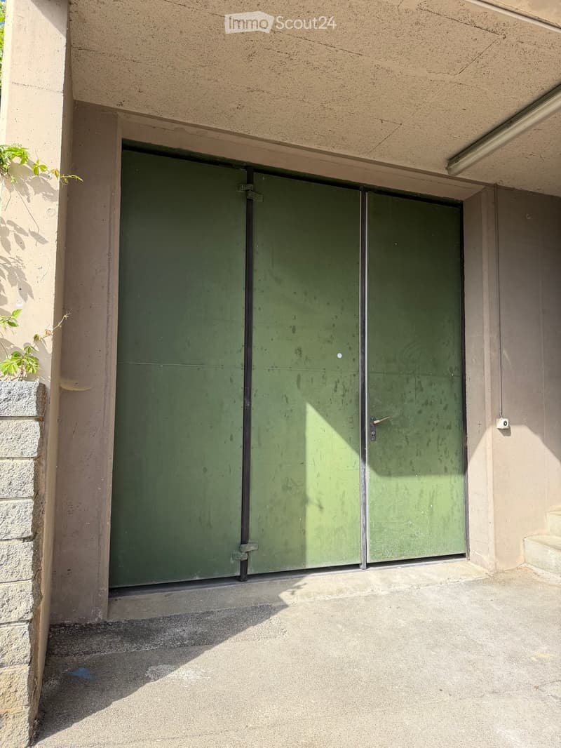 Green garage door with metal frame, attached to a beige building with stone accents and a small plant on the left side.