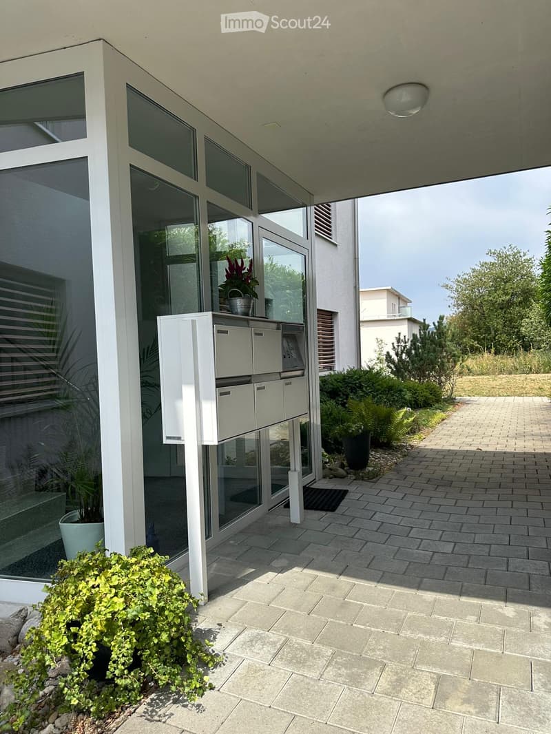 Modern outdoor balcony area with a white cabinet, potted plants, and a paved stone floor.