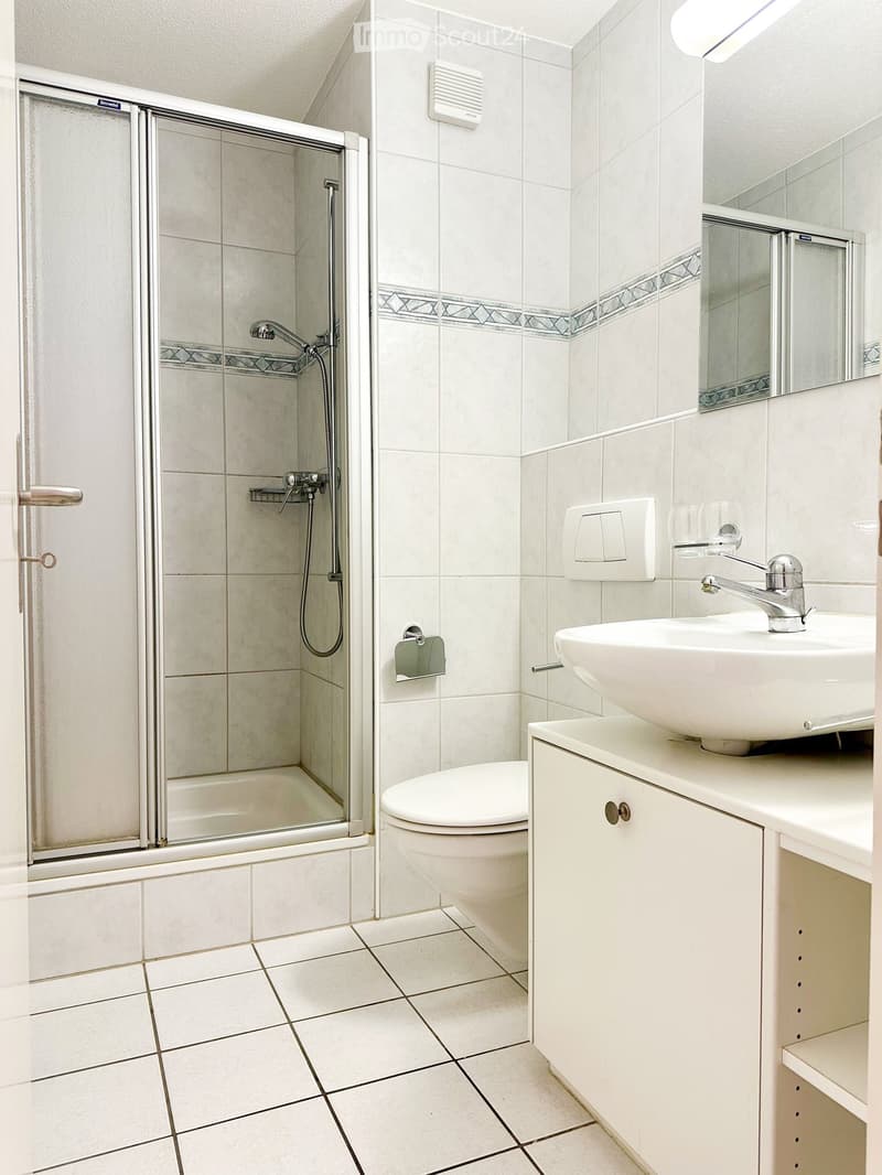 Modern bathroom with white tiles, a walk-in shower, toilet, sink, and mirrored cabinet.