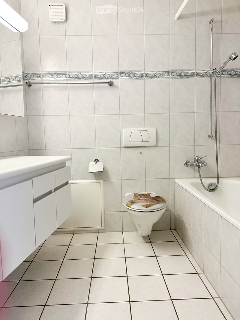 Modern bathroom with white tiles, bathtub, toilet, sink, and a cat sitting on the toilet seat.