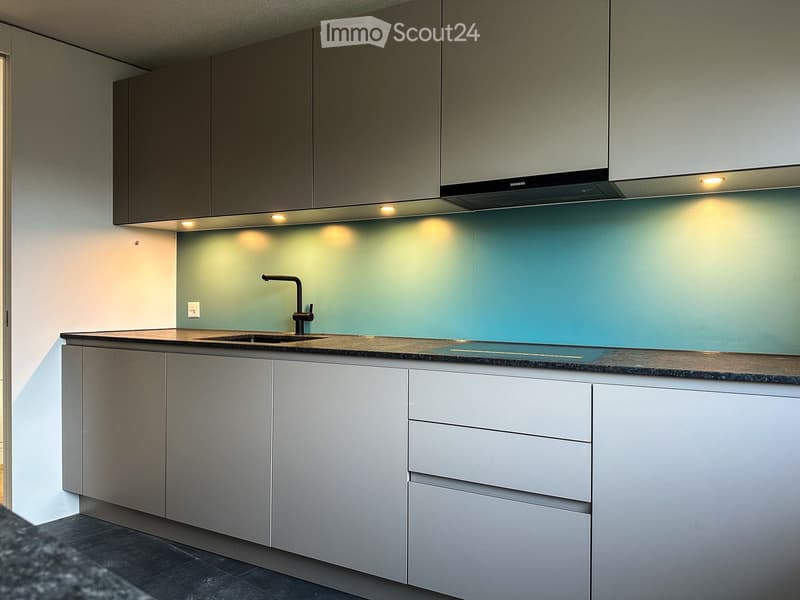 Modern kitchen with sleek grey cabinets, a dark countertop, a built-in sink with a modern faucet, and a Siemens range hood above.