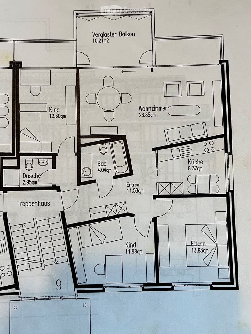 Floor plan of a residential unit featuring a living room, kitchen, two bedrooms, bathroom, hallway, and balcony.