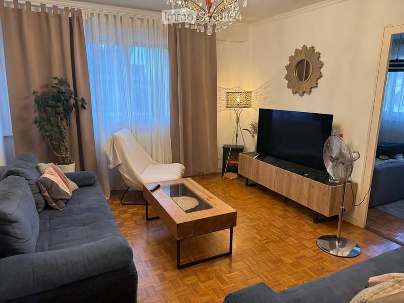 Modern living room with hardwood flooring, a blue sofa, a glass coffee table, a wooden TV stand, a floor lamp, a fireplace, and a decorative mirror on the wall.