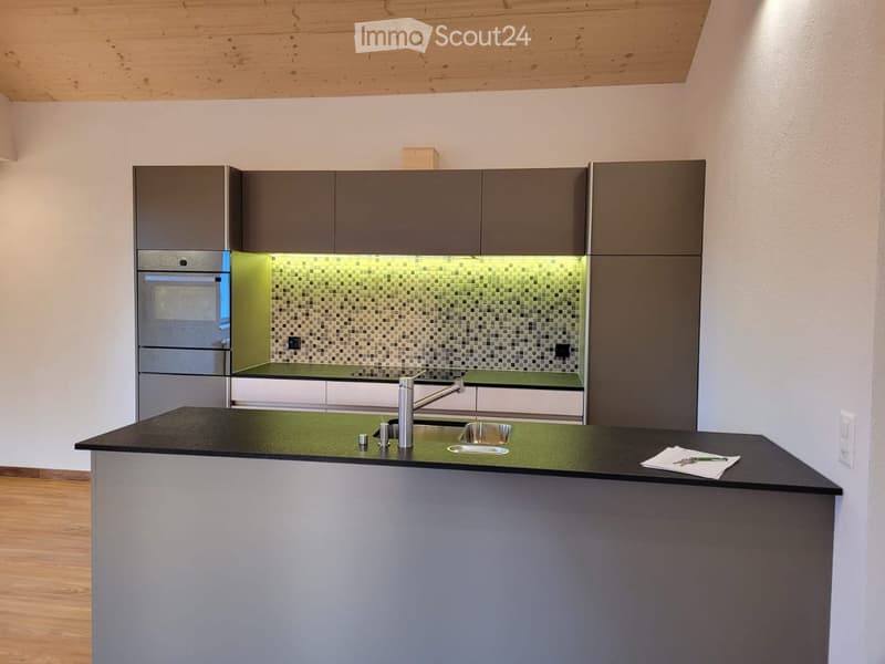 Modern kitchen with grey cabinets, black countertop, stainless steel sink, and built-in oven.