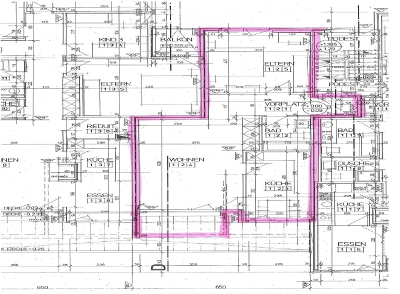 Floor plan of a multi-room apartment including living room, kitchen, bedrooms, bathrooms, and a balcony.